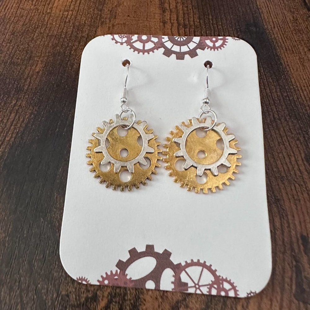 New Handmade Steampunk Gear Dangle Earrings (1.8" long x 1" wide) (Version 15)